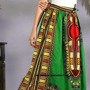 African Print Midi Skirt M A Line Colorful Pockets Elastic Waist Festival Flowy